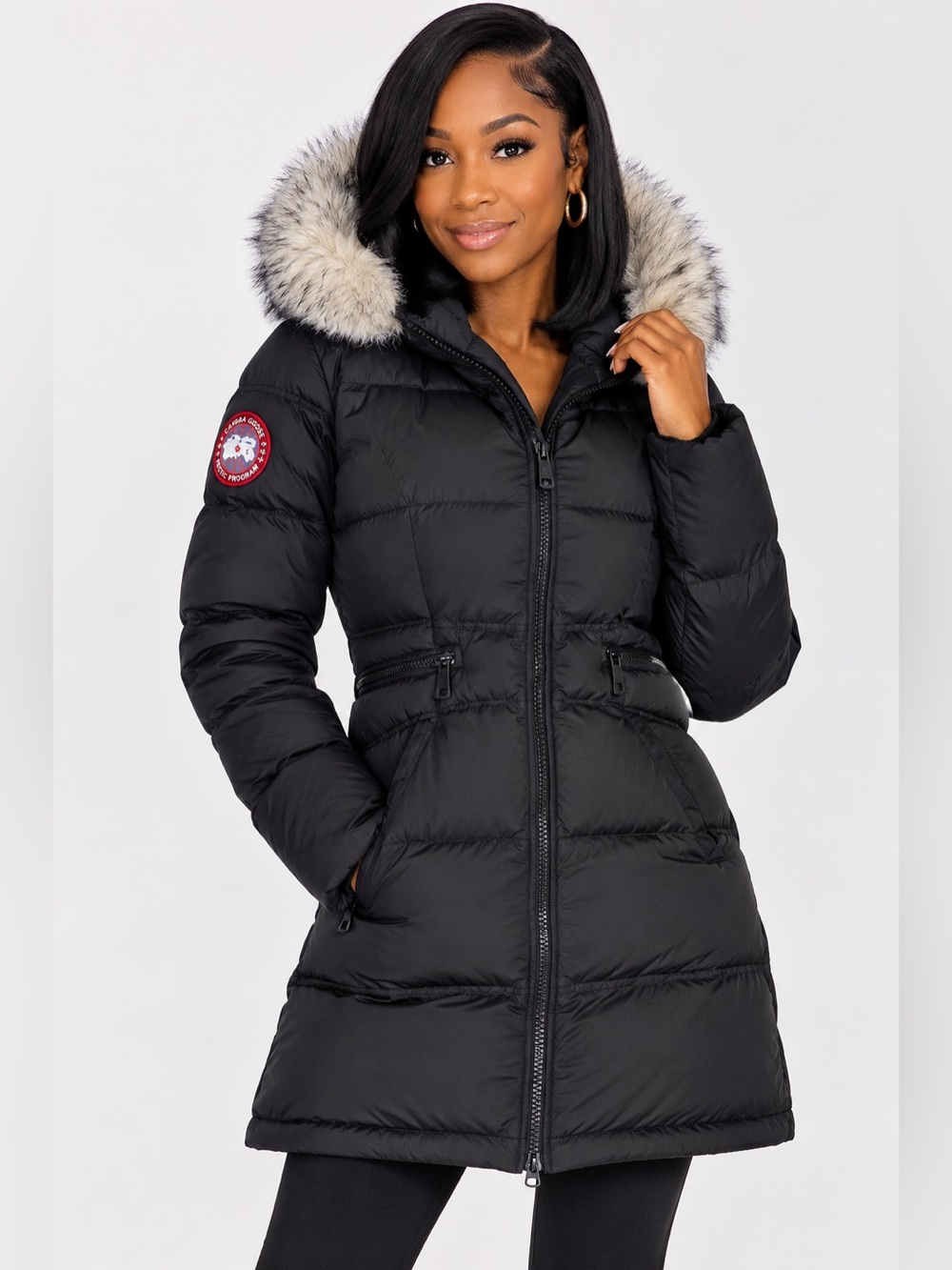 Canada Goose Black Long Down Puffer Coat with Fur Hood